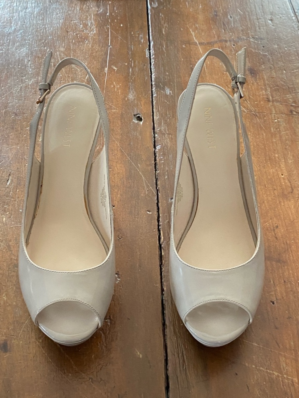 Nine West Taupe Patent Peep-Toe Slingback Heels - Picture 2 of 15